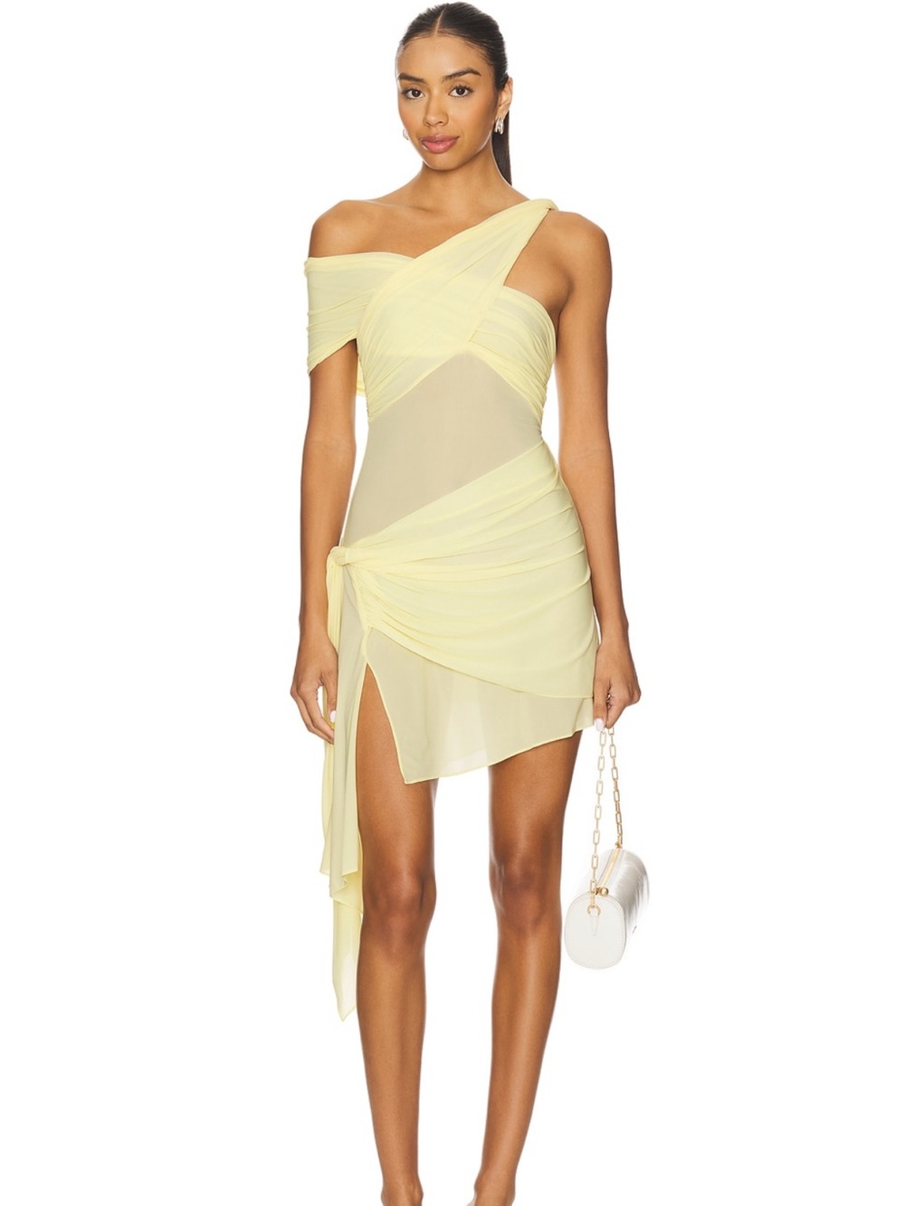 Ronny Kobo Collection Pale Yellow One-Shoulder Sheer Wrap Mini Dress